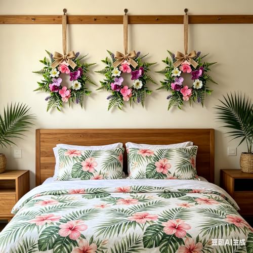 6 Pcs Summer Tropical Mini Hanging Wreaths for Cabinets Artificial Hibiscus Flowers Small Candle Ring Wreaths with Fern Fronds for Home Kitchen Front Door Window Farmhouse Porch Wall Hanging Decor - color: Tropical Flowers