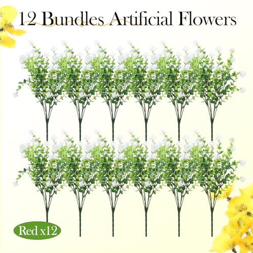 12 Pack Artificial Flowers & Plants for Outdoor Decor - Faux Eucalyptus & Lavender Greenery Shrubs - Fake Plants for Garden, Porch, Patio, Cemetery - Spring & Autumn Home Decoration - color: White