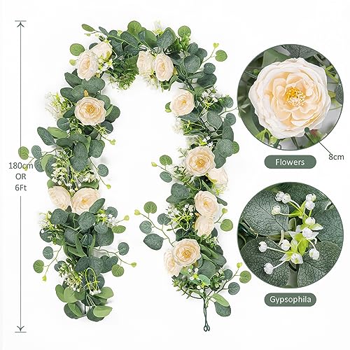 TOCHGREEN 4 Pack 24Ft Artificial Eucalyptus Flower Garland with Champagne Roses, Fake Rose Flower Greenery Garland Floral Vines for Wedding Home Party Table Runner Decor (4PCS, Champagne) - color: Champagne, size: 4PCS