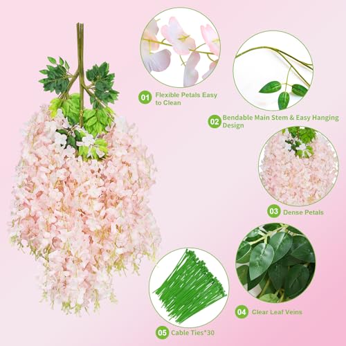 24 PCS Wisteria Hanging Flowers, 3.6ft Fake Wisteria Vines Artificial Wisteria Garland Silk Flower String for Wedding Arch Garden Party Home Ceiling Wall Backdrop Tent Decoration (Light Pink) - color: Light Pink, size: 24 Pack