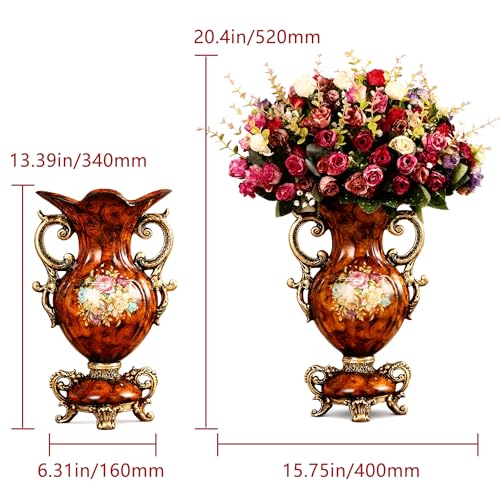 Artificial Flowers in Vase, 20.4" Tall Faux Silk Rose Arrangement, Vintage European Wood Grain Resin Vase, Luxury Indoor Table Centerpiece for Living Room Dining Wedding Decor - color: Gold & Red, size: 20.4'' Height