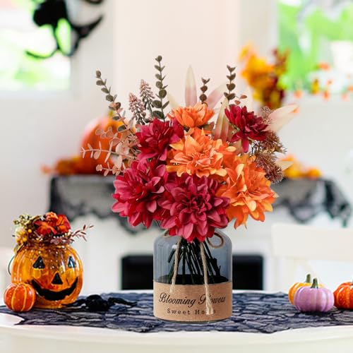 Leftover Fake Fall Flowers in Vase,Faux Flowers in Vase,Fall Floral Arrangement,Fall Centerpieces for Tables,Artificial Flowers,Kitchen Decor,Coffee Table Decor - color: Orange and Red