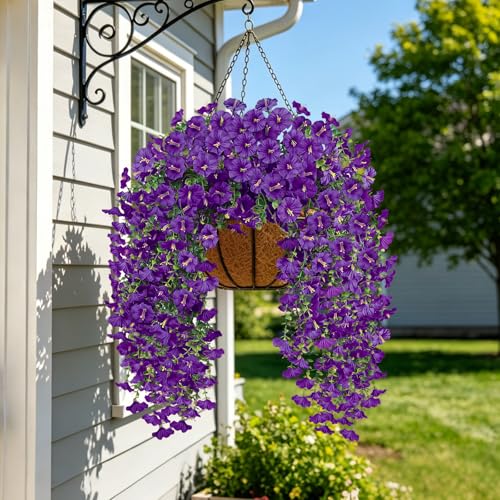 Artificial Flowers for Outdoors, 6-Pack 420 Blooms UV Resistant Hanging Morning Glory Silk Flowers Vines, Realistic Fake Plants Outside Decroation for Porch Patio Balcony Yard Garden (Purple) - color: Purple