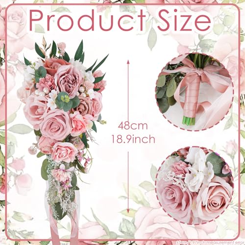 10 Inch Dusty Pink Rose Gold Cascading Bouquets for Bride Summer Fall Wedding Blush Light Pink Artificial Silk Flower Pearl Bridal Bouquet Boho Rustic Ceremony Anniversary Decor Toss Bouquet - color: Dusty Pink