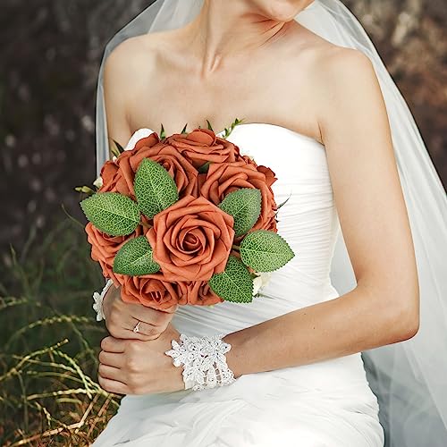 AmyHomie Artificial Flowers Burnt Orange Rose 25pcs Real Looking Fake Roses w/Stem for DIY Wedding Bouquets Centerpieces Arrangements Party Baby Shower Valentines Day Christmas Tree Decorations - color: Burnt Orange