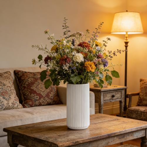 White Ceramic Flower Vase for Pampas Grass, 8 inch Small Decorative Centerpiece Ribbed Vase for Dining Table, Office Desktop, Shelf Bookshelf, Mantel, Entryway, Bathroom, Countertop, Farmhouse, Gift - color: Ceramic White, size: 8 inch