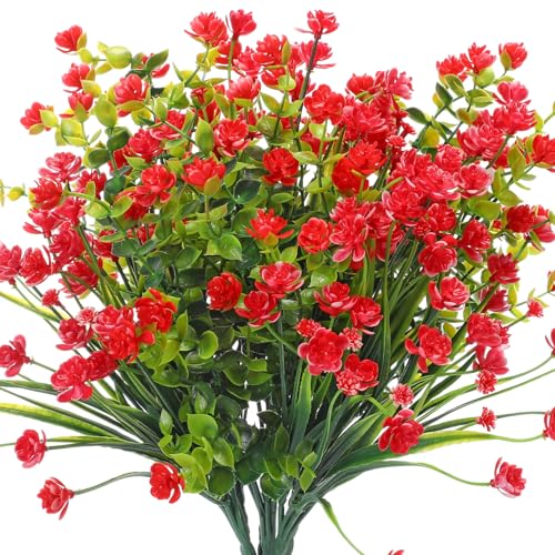 WILLBOND 12 Bundles Artificial Flowers Outdoor, UV Resistant Faux Artificial Plants Shrubs Plastic Flower Bulk for Hanging Planter Porch Window Home Spring Summer Decor(Red) - color: Red