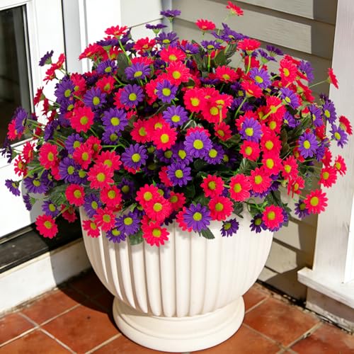 Ammyoo Fake Mums Spring Artificial Flowers for Outdoor Decoration, 12 Bundles Faux Silk Daisy Flowers Realistic UV Resistant No Fade Fake Plants for Home Patio Porch Garden Window Box Decor - color: Purple,rose Red