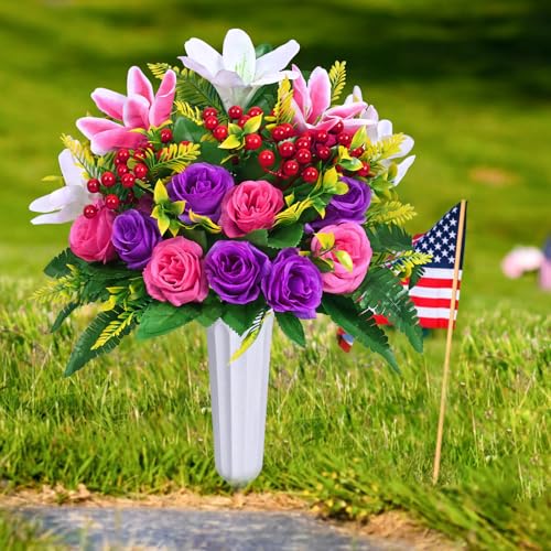 Dolicer 2 Sets Artificial Cemetery Flowers for Grave, Realistic Grave Flowers Memorial Flower UV Resistant Silk Rose Lily Flower with Vase for Cemetery Decorations (Colorful) - color: Purple, Pink, size: Flowers in Vase