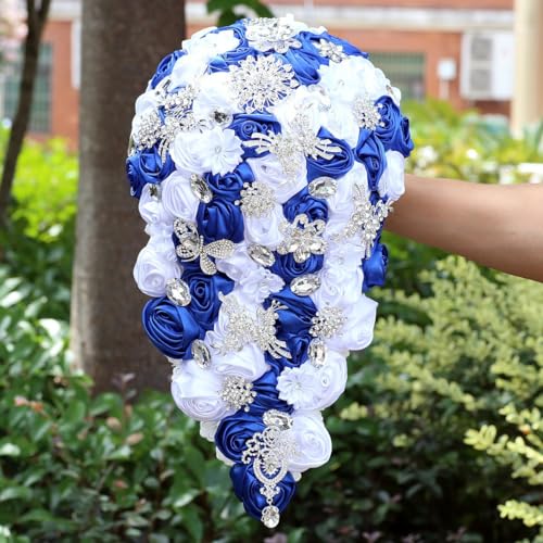 Luxury Cascade Bridal Wedding Bouquet Satin Rose Waterfall Holding Bouquet Artificial Flower Bunch for Bride Bridesmaid(Royal Blue & White, 17.3" x 8.7") - color: Royal Blue & White, size: 17.3"L x 8.7"W(44cm x 22cm)