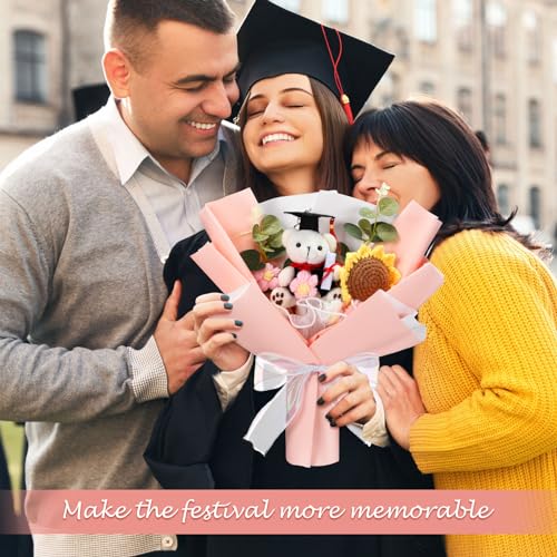 Graduation Crochet Flower Bouquet Set Includes Stuffed Bear Knitted Sunflower Daisy Eucalyptus Greeting Card Gift Bag 2026 Pink Flower Bouquet Graduation Gift - color: Pink, style: Stuffed Bear and Sunflowers