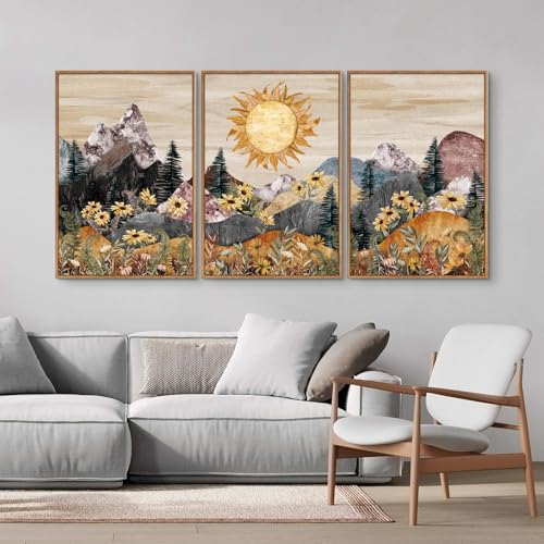 Rantodecor Boho Mountain Framed Canvas Wall Art, Western Daisy Floral Landscape Wall Decor, Rustic Fern Flowers Art Painting, Modern Fantasy Nature Sun Artwork for Bedroom Living Room Office 24"x36"x3 - color: Boho Mountain, size: 36"x24"