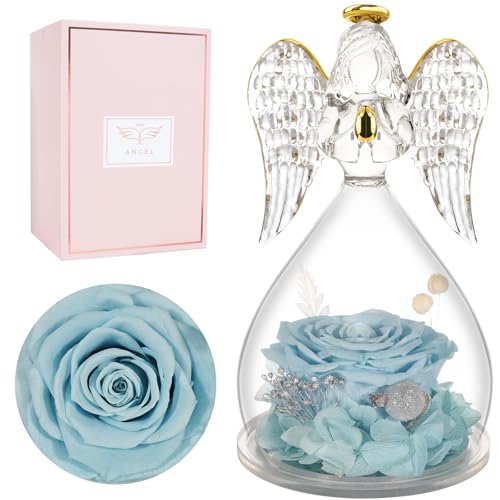 Miofula Gifts for Mom Birthday Gifts for Women, Preserved Flowers Rose in Glass Angel Figurines, Fresh Flowers for Delivery Anniversary Forever Real Roses Gifts for Mothers Grandma Her Wife Girlfriend - color: Pale Blue