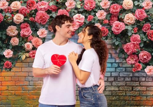 8x6FT Pink Rose Flower Backdrop Colorful Brick Wall Flowers Backdrops Wedding Birthday Party Baby Showers Decorations Background D771 - size: 8x6ft