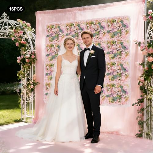Flower Wall Backdrop, 14x14 Inch Artificial Flower Wall Panels, Peony Dahlia Wall Flowers Wall Decor for Photo Background Home Party Wedding Backdrop Decoration (Pink) - color: Pink
