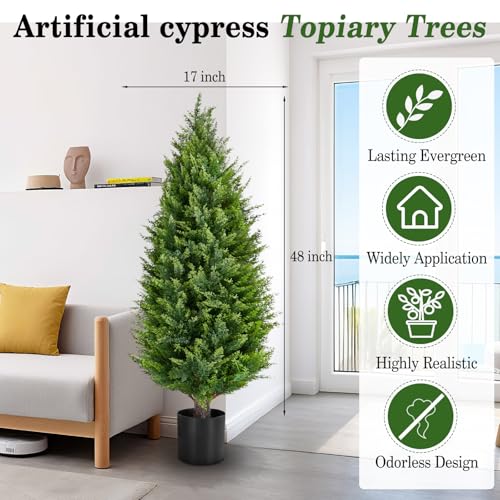 Artificial Topiary Tree 2-Set - 4 Feet Tall UV Protected Faux Cedar Pines - Outdoor & Indoor Decor - Heavy Duty Pots - Realistic Fake Tree - Artificial Plants Outdoor - size: 48in