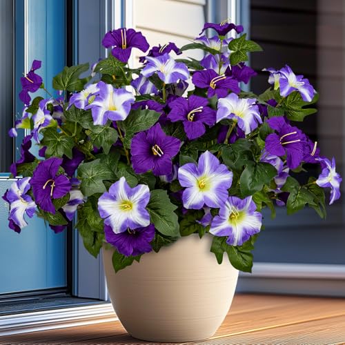 19 Inch Artificial Fake Flowers for Outdoor,4 Pcs Purple Faux Silk Petunias Spring Flowers for Outside for Indoor Porch Planter Front Door Garden Patio Window Box Home Decor - color: Double Purple