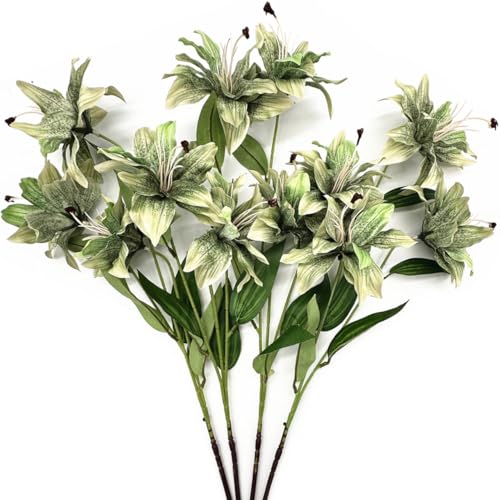 Artificial Lily Flowers Fake Silk Flower Plastic Stems Faux Bloom Stargazer Lilies Plant for Wedding Bouquet Party Garden Hotel Home Decor Vase Floral Arrangements 4 Pack (Green) Total 12 Flower Heads - color: Silk Flowers / Green / 4 Pack