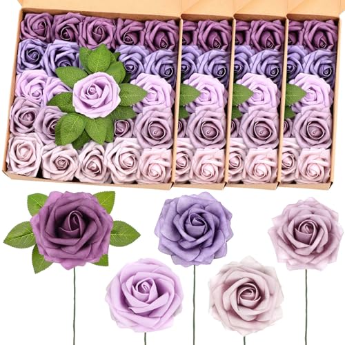 100 Pcs Artificial Foam Rose Flower Faux Bouquet Wedding Fake Rose Gift for Mother's Day Women DIY Bridal Shower Party Table Birthday Home Spring Decor (Gradient Light Purple) - color: Gradient Light Purple