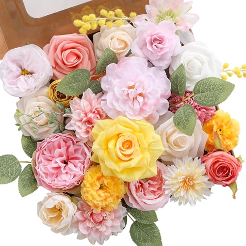 Kisflower Flowers Artificial Combo Cake Flowers Decorations Fake for DIY Wedding Bridal Bouquet Centerpieces Arrangements (Pink Yellow) - color: Pink Yellow