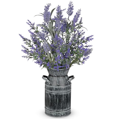 Artificial Lavender Flowers with Rustic Metal Vase 17 Inch Faux Lavender Plant Arrangement in Galvanized Planter Vintage Farmhouse Floral Decor for Home Office Kitchen Decor Wedding Table Centerpiece - size: 17" M.P