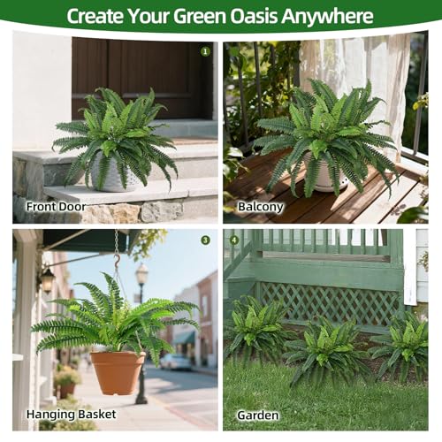 Fake Ferns, 4 Bundles Faux Fern Plants , Large Artificial Boston Fern Greenery for Outdoor Planters, Porch, Garden, Home & Office Decoration (4, Green)