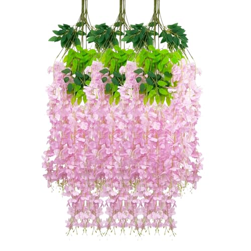 12 Pack Pink Wisteria Hanging Flowers Garland, 3.77 Feet Artificial Flower Vines, Fake Wisteria, Artificial Vines Hanging Garland for Backdrop Outdoor Yard Garden Decor - color: All Pink, size: 12 PCS
