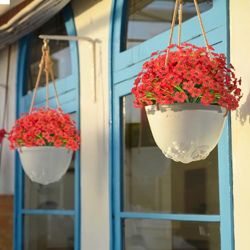 Outdoor Artificial Flowers 21 UV Resistant Bundles Fake Flower Plastic Plants Faux Silk Flowers Porch Hanging Garden Porch Window Box Decorating (Red) - color: Red