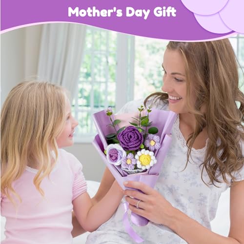 Omldggr Completed Crochet Flower Bouquet, Purple Handmane Knitted Bouquet, Rose Daisy Mix Crochet Bouquet Flowers for Mother's Day Graduation Birthday Wedding Valentine Day Gifts (with Card) - color: Purple-rose