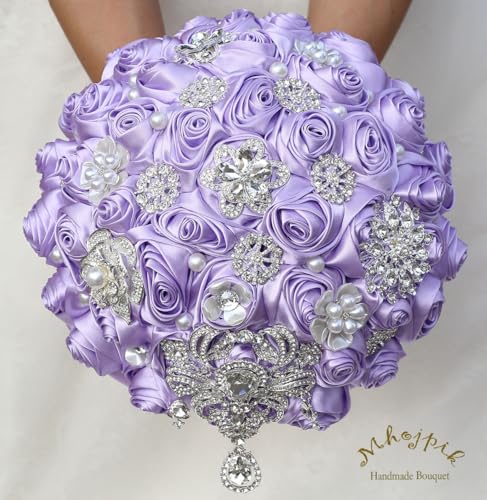 Bridal Wedding Bouquet Round Bling Brooch Bouquet Artificial Rose Flower Bunch for Bride Bridesmaid Wedding Quinceanera(Light Purple, 7.5") - color: Light Purple*, size: Small (Dia. 7.5"/19cm)