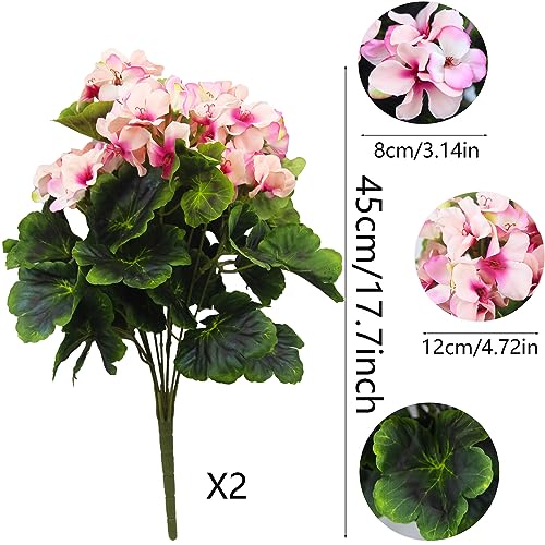 2 Pcs Artificial Geraniums for Outdoor Silk Geranium Flowers Purple Pink Artificial Geranium Bush Faux Flowers Geraniums Branch for Garden Patio Cemetary Vase Table Centerpiece Indoor Decor - color: Pink