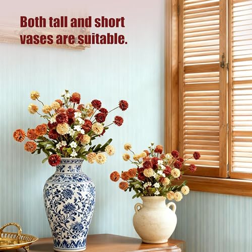 12pcs Fall Flowers, Burnt Orange Artificial Flowers Kiku 10 Stems with 2 Wax Flowers, Fake Silk Mums for Vase, Autumn Floral Centerpiece Decor,Mother's Day - color: Mixed Orange