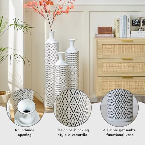 Tall Floor Vases Set of 3 for Decor Living Room Floor, White Vases Home Decor, Embossed Body Pattern, 33.85" H/29.13" H/24.8" H Geometric Cylinder (White 6) - color: White 6