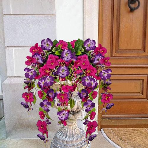 Artificial Fake Hanging Flowers Plants for Outdoor, Faux Silk Hibiscus Long Trailing Vines Realistic UV Resistant for Home Outside Front Porch Planter Patio Yard Decor (Purple+Purple Red) - color: Purple+purple Red