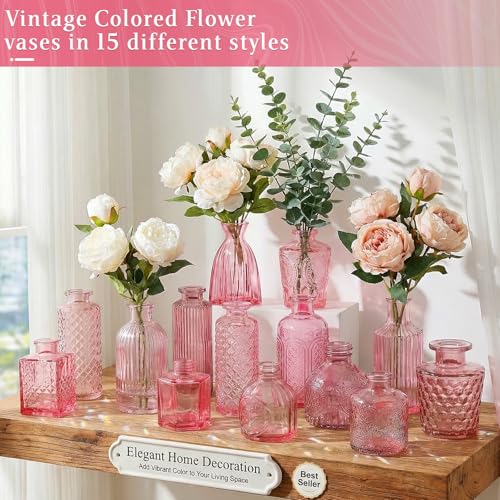 Set of 30 Pink Colored Glass Bud Vases - Small Textured Flower Vases for Centerpieces, Wedding Table Decor, Retro Home Decor Bulk Vase Set for DIY, Events & Gifts - color: Pink