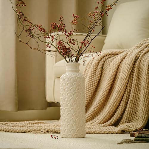 Ceramic Flower Vase, 13.98" Tall Rustic Farmhouse Decorative Vase for Home Decor, Beige Textured Pottery Vase for Pampas Grass, Living Room, Entryway, Mantel, Kitchen Table - color: 101-white
