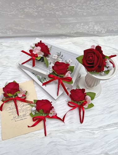 Marriwise 6pcs Rose Boutonniere for Men, Artificial Flowers Wedding Groom Groomsmen Boutonniere for Wedding/Anniversary/Prom/Rustic Wedding/Homecoming (Red) - color: Red