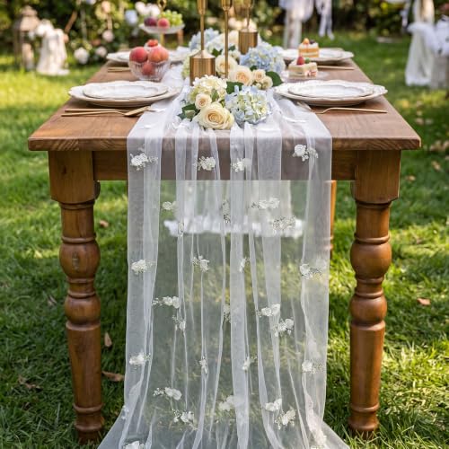 Boao 1 Pcs Eucalyptus Flower Table Runner Embroidery Tulle Summer White Rose Table Runner 120 Inch 10 ft Dining Decoration for Wedding Baby Shower Bridal Shower Home Decor Birthday Party (Champagne) - color: Champagne, size: Eucalyptus