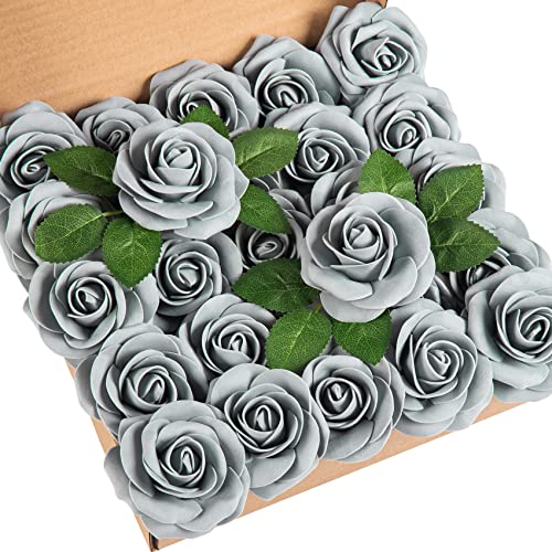 DuHouse 25Pcs Artificial Roses Flowers Fake Roses with Stems Real Touch Foam Flowers for DIY Wedding Bouquet Centerpiece Floral Arrangement Party Home Decor(Grey) - color: Grey, size: 25pcs