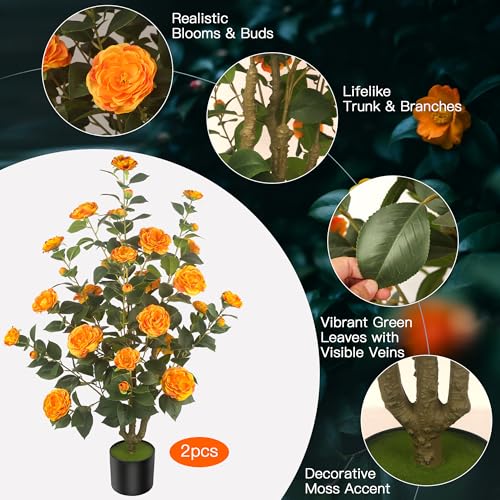 2Pack 39.37"/3.28FT Artificial Camellia Trees with 32 Flowers in Cement Pots – Lifelike Fake Trees for Front Porch, Home, Indoor Outdoor Spring Decor, Office or Housewarming Gifts (Orange) - color: Orange, size: 39.37 inchx2