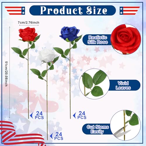 72 Pcs 4th of July Artificial Roses, Red, White, Blue Patriotic Silk Roses for Independence Day, Home Cemetery Decor, Realistic Faux Flowers with Stems(20 inch Bouquet, Indoor/Outdoor Use) - color: Blue,red,white