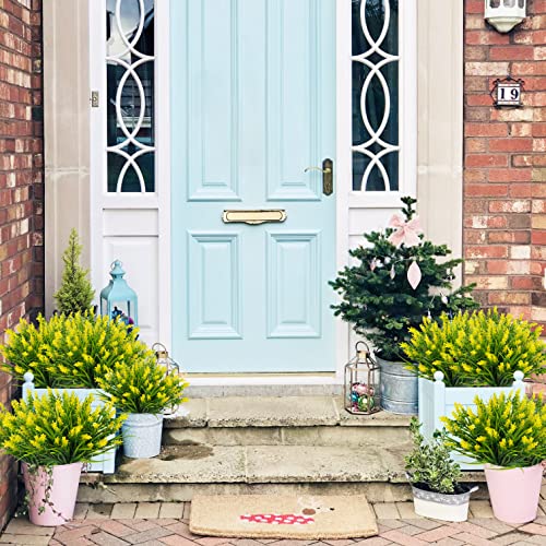obbsie 12 Bundles Artificial Plants Outdoor, 18.2" UV Resistant Faux Monkey Grass Greenery Stems No Fade Faux Plastic Flowers Shrubs for Home Weddings Garden Porch Front Patio Office Decor - Yellow - color: Yellow, size: 12 Pcs