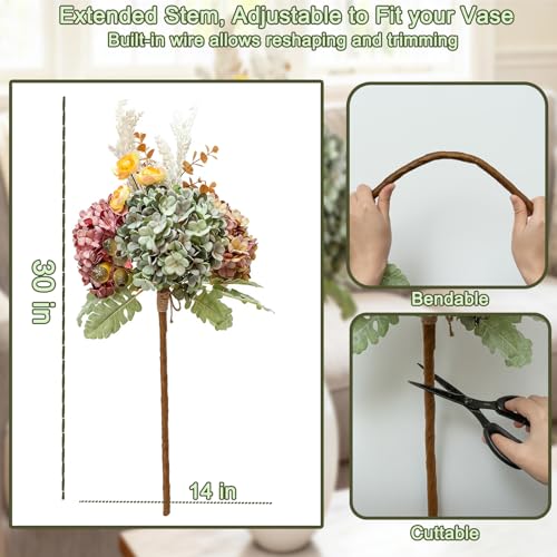 Hydrangea Artificial Flowers Bouquet, Pre-Arranged Fake Flowers Bouquet with Ranunculus, Eucalyptus, Pampas, Real Touch Silk Flowers for Centerpiece Shelf Table Wedding Home Decor