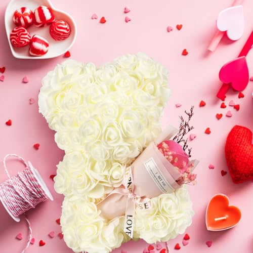 Gifts for Mom Rose Bear, Rose Teddy Bear Birthday Gift for Girlfriend Wife, Rose Flower Gift for Women,Valentines Gifts,Flower Bear with I Love You Necklace - color: White Rose