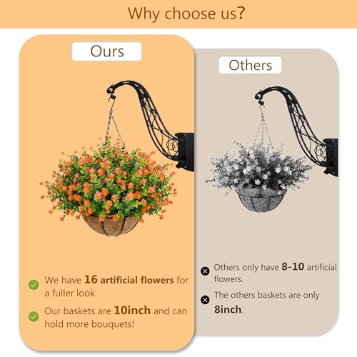 NETAP Artificial Hanging Flowers Basket for Outdoor, 16 Fake Flowers Look Real UV Resistant, Faux Hanging Plants for Porch, Balcony, Patio, Garden, Spring Summer Decor,Orange - color: Orange