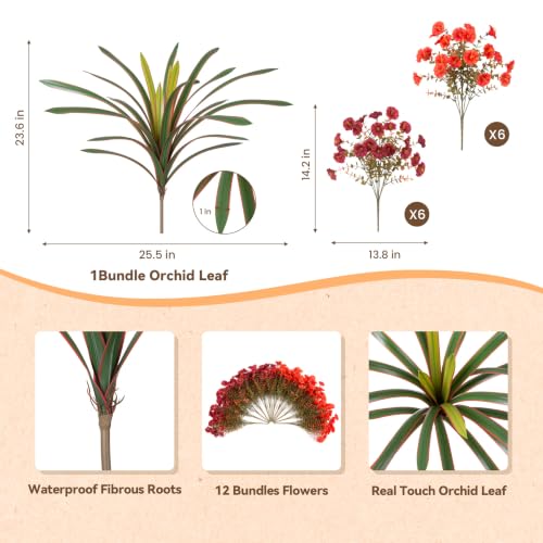 INXUGAO 13 Pcs Artificial Fall Flowers for Outdoors Fake Plant Autumn Decor | 12 Bundles Silk Morning Glory + Orchid Leaf UV Resistant Faux Flowers for Porch Planter Garden Patio Decor (Brown Orange) - color: Brown & Orange