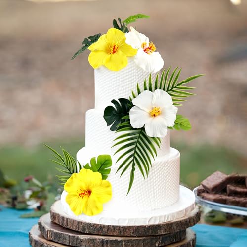 10PCS Artificial Hibiscus Flower Cake Toppers Hawaii White Yellow Hibiscus Cake Decors for Baby Shower Hawaii Theme Birthday Bridal Engagement Wedding Floral Cake Picks Summer Holiday Party Decoration - color: White