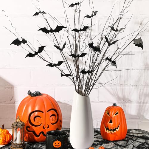 JUNEBRUSHS 8Pcs Curly Willow Branches with 36Pcs Halloween Bat Stickers | 29.5 Inch, Artificial Bendable Stems Black Branches, Halloween Wreath Home Party Decorations