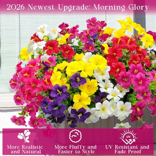 Artificial Flowers for Outdoors Decoration, 12 Bundles Fake Silk Morning Glory with Faux Plastic Eucalyptus UV Resistant for Outside Front Door Porch Planters Patio Garden Decor (MultiColor 2) - color: Multicolor 2