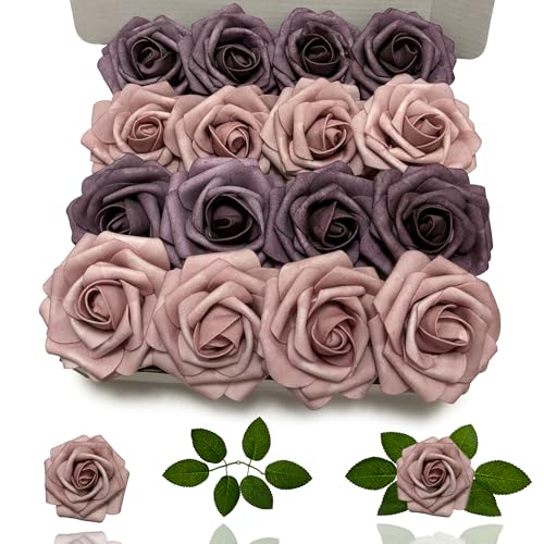 Artificial Roses Flowers 16Pcs Real Touch Roses with Stem Foam Fake Roses for DIY Wedding Bouquets Centerpieces Arrangement Party Baby Shower Home Decorations (Pink & Purple) - color: Pink&purple